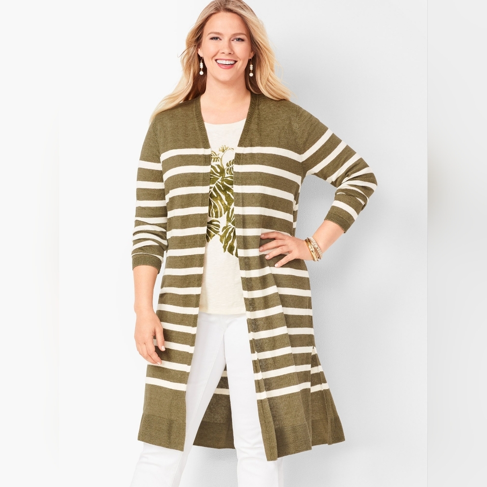 Talbots Olive Green Stripe Linen Duster Cardigan Sweater Womens Plus  Size 3X